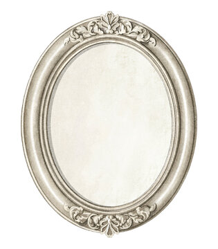 Watercolor vintage antique silver oval frame with ornate pattern and empty space isolated on white background. Hand drawn illustration sketch