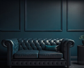 Dark room with leather sofa against blank, dark blue wall. Generative AI