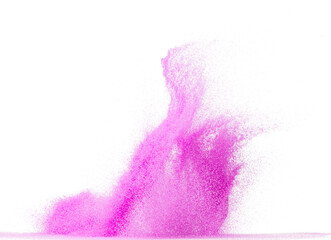 Small size purple Sand flying explosion, violet sands grain wave explode. Abstract cloud fly. purple colored sand splash throwing in Air. White background Isolated high speed shutter, throwing freeze