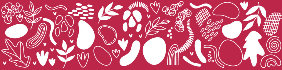 Vector abstarct shapes. For surface design, printing on paper and fabric. Handdrawn waves, shapes, circles, flowers, leaves, branches. For social media post design
