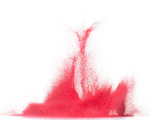 Small size red Sand flying explosion, blood sands grain wave explode. Abstract cloud fly. Red colored sand splash throwing in Air. White background Isolated high speed shutter, throwing freeze stop