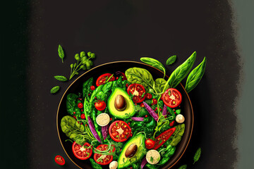 Dietary menu. Fresh vegetables in a healthy salad with tomatoes, avocado, arugula, radish, and seeds in a bowl. vegan cuisine Lay flat. Banner. a top view. Generative AI