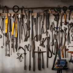 Workshop scene. Old tools hanging on the wall in the workshop, table and tool rack against the wall, vintage garage style - generative ai