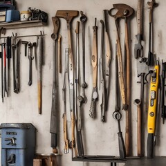 Workshop scene. Old tools hanging on the wall in the workshop, table and tool rack against the wall, vintage garage style - generative ai
