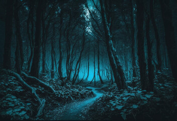 A Gloomy AI-Generated Render of a Dark and Eery Forest at Night