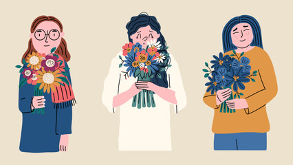 Set of diverse women with bouquets of flowers. Collection of elements. March 8, mother's day. Designs for postcards, banners, posters. Vector hand drawn illustration