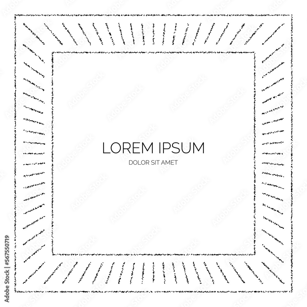 Poster grainy textured square frame. black stipple dots sunbeams separator and divider. noise dot rays fram