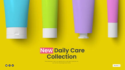 Set of colored cream tubes on a yellow background. Banner cover template layout of beauty and cosmetics design