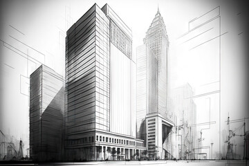 Drawings of a modern metropolis are displayed in the background. Generative AI