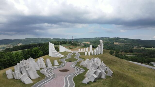 Kadinjaca World War II Memorial, Uzice, Serbia. Drone Aerial View of Monument