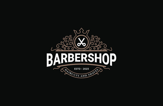 Barbershop logo design. Vintage lettering illustration on dark background flat vector