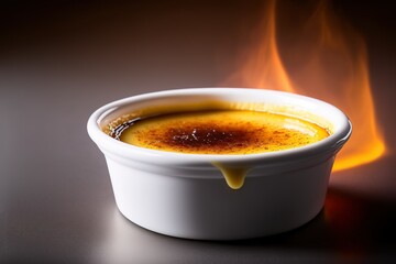 Close up of Creme Brulee with flame fire on it. French traditional cuisine. Generative AI illustration