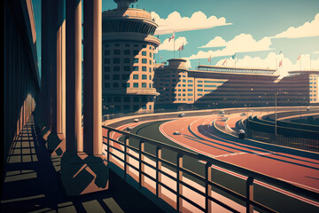 Fototapeta premium Daytime scene of a racetrack with railing and a metropolitan backdrop. Generative AI