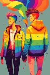 Multi colored banner of two non-binary persons walking hand by hand with rainbow background. Generative AI vertical illustration