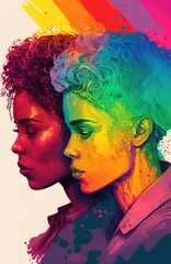 Two African-American women on colorful banner representing pride and LGBT community. Generative AI vertical illustration