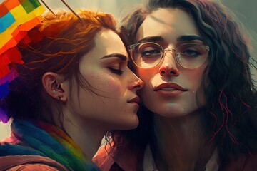 Obraz premium Couple of two young girls portrait with LGBT flag behind. Generative AI vertical illustration