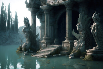 Detailed picture of a lake and stone figures in an old fantasy temple. Generative AI
