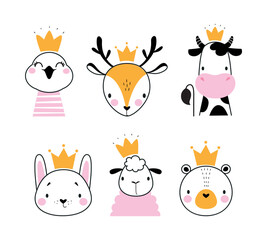 Cute Animal Head Wearing Gold Crown Vector Set