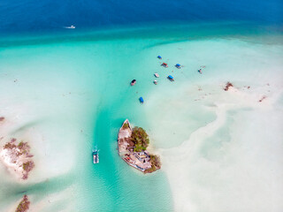 Aerial Drone Shot of the Pirate Channel of Bacalar Quintana roo, Mexico. Shipwreck island in Lagoon of seven colors