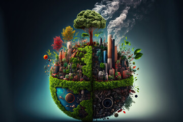 decrease CO2 emissions. Concept of sustainable development. Green enterprises that rely on renewable energy can reduce climate change and global warming. Generative AI - obrazy, fototapety, plakaty