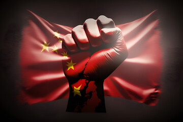 Raised fist with china flag background. Generative Ai