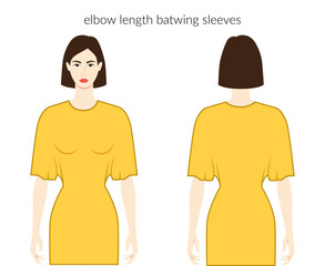 Batwing sleeves elbow length clothes character beautiful lady in yellow top, shirt, dress technical fashion illustration, elbow length. Flat apparel template front, back. Women, men unisex CAD mockup