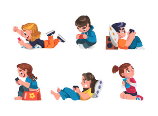 Children Addicted to Gadget Using Console Playing Video Game Vector Set