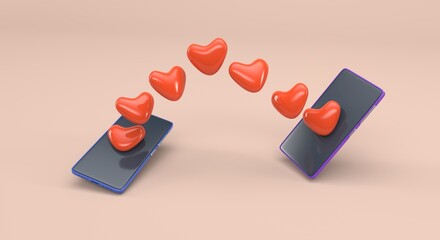 cell phones exchanging hearts with each other (3d illustration)