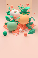 Ai generated 3d render illustration, couple of apples colorful stylish composition, green and orange pastel theme, well balanced diet, health benefits, love for food, copy space, vegetarian life style