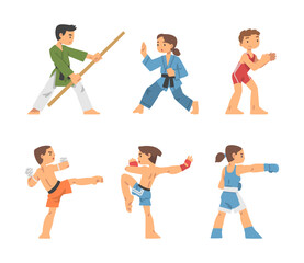 People Character Engaged in Combat Sport or Fighting Sport Competing Vector Illustration Set