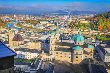 Naklejka premium Salzburg medieval old town towers and domes at autumn, Salzburger land, Austria