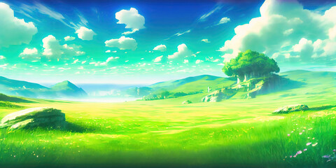 Fototapeta na wymiar fantasy field - expansive landscape scene made to look like modern animation exterior environment background