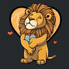 Lion in love. T-shirts design for Valentine’s day, cartoon style