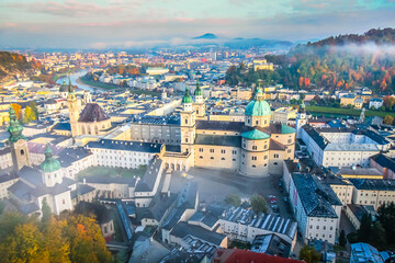 Salzburg medieval old town towers and domes at autumn, Salzburger land, Austria