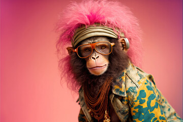 Created with Generative AI technology. chimpanzee dressed in hippy clothes. Humanizationa of animals concept