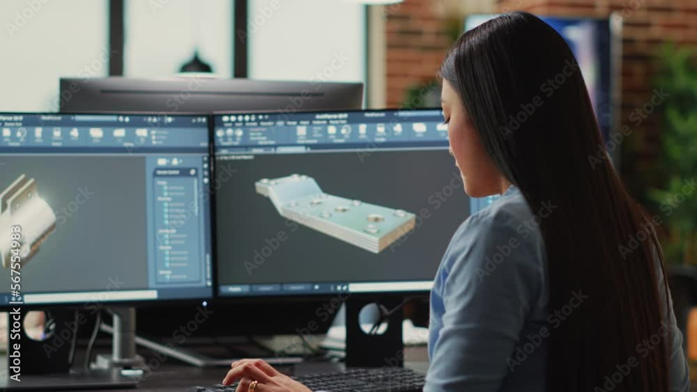 Poster digital 3d creator improving industrial prototype component using advanced software, developing mach