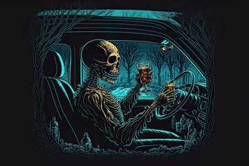 Drinking and driving. Skeleton man driving a car and drinking alcoholic drink. If you drink and drive, you will die. Generative AI