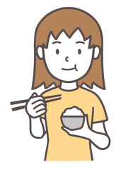 お茶碗を持って、ご飯を食べる女性、シンプル