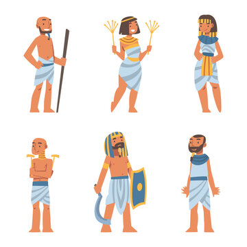 Egyptian Man and Woman Character Wearing Authentic Garment and Necklace Vector Set