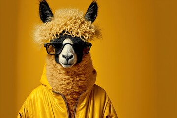 Created with Generative AI technology. lama dressed in hippy clothes on yellow background. Humanization of animals concept