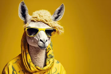 Foto op Plexiglas Created with Generative AI technology. lama dressed in hippy clothes on yellow background. Humanization of animals concept © RealPeopleStudio