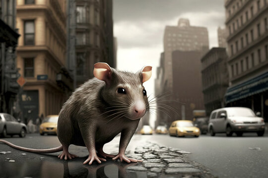Rat on the street in a busy city, a place overran by rats. Image created with generative ai 