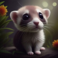 a small ferret with a big  eyes sitting in the grass with flowers in the background, big cute eyes. ai generated