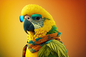 Created with Generative AI technology. parrot dressed in hippy clothes. Humanizationa of animals concept