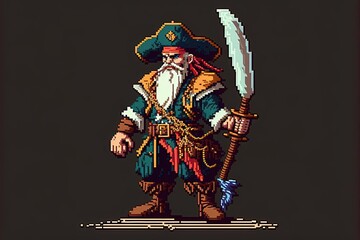 Pixel art pirate character for RPG game, character in retro style for 8 bit game