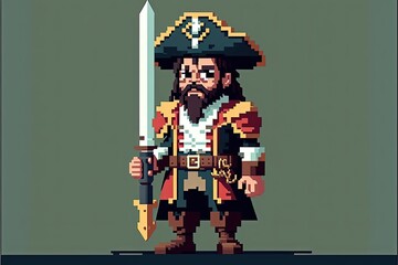 Pixel art pirate character for RPG game, character in retro style for 8 bit game - obrazy, fototapety, plakaty