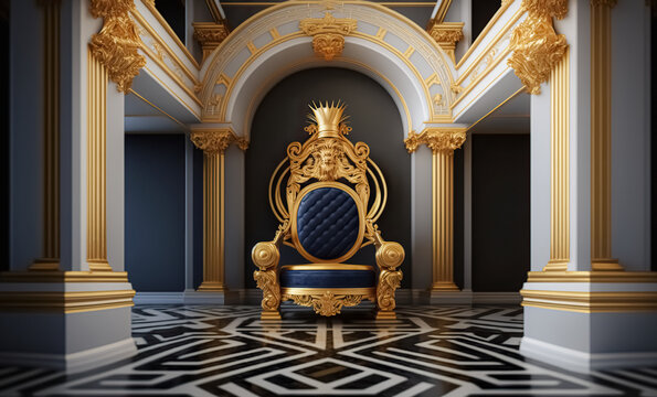 The Throne Room with Gold royal chair on a background of red curtains. Place for the king. Throne. digital ai art