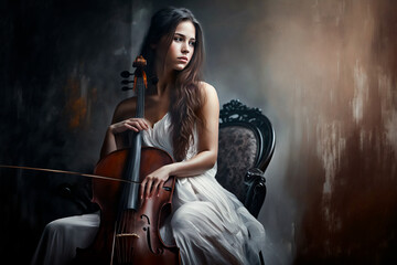Fototapeta na wymiar beautiful woman playing cello. Generative AI