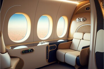 Luxurious first class airplane seat with lots of windows. Generative AI visualization of the VIP cabin of a business class aircraft. Interior of a Private Jet