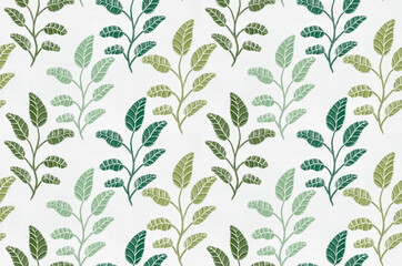Naklejka na ściany i meble Seamless watercolor green leaf on branch pattern design. paint illustration. fashion, interior, wrapping, wall arts, fabric, packaging, web, banner